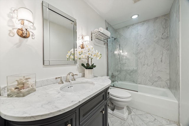 9333 Memorial Dr Unit 301, Houston, TX 77024 - bathroom with vanity, shower / bathtub combination, recessed lighting, and marble look tile flooring