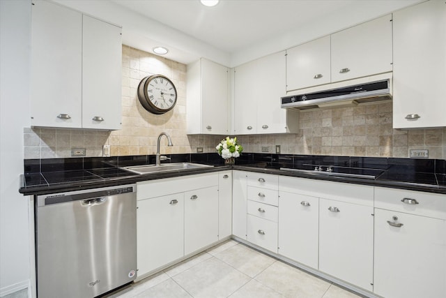 9333 Memorial Dr Unit 301, Houston, TX 77024 - kitchen featuring dishwasher, exhaust hood, black electric cooktop, light tile patterned floors, and white cabinets