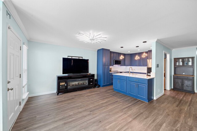 8416 Seawall Blvd Unit 5, Galveston, TX 77554 - kitchen with blue cabinetry, wood finished floors, light countertops, ornamental molding, and appliances with stainless steel finishes