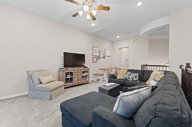 4110 Willow Wind Ct, Sugar Land, TX 77479 - carpeted living room with attic access, ceiling fan, and recessed lighting
