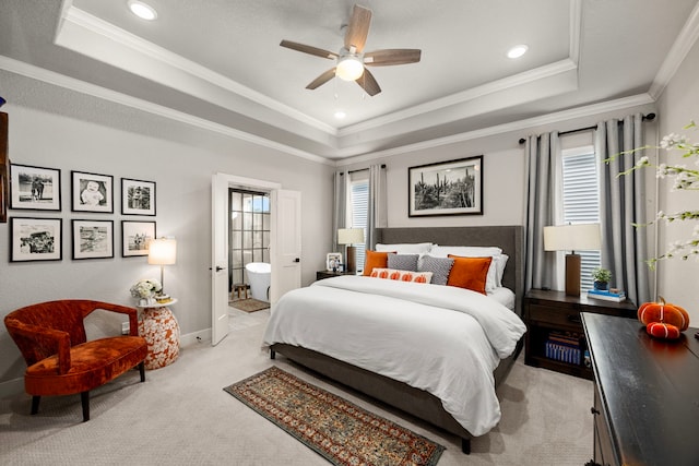 915 Bernard Meadows Dr, East Bernard, TX 77435 - bedroom with a raised ceiling, light carpet, crown molding, ceiling fan, and recessed lighting