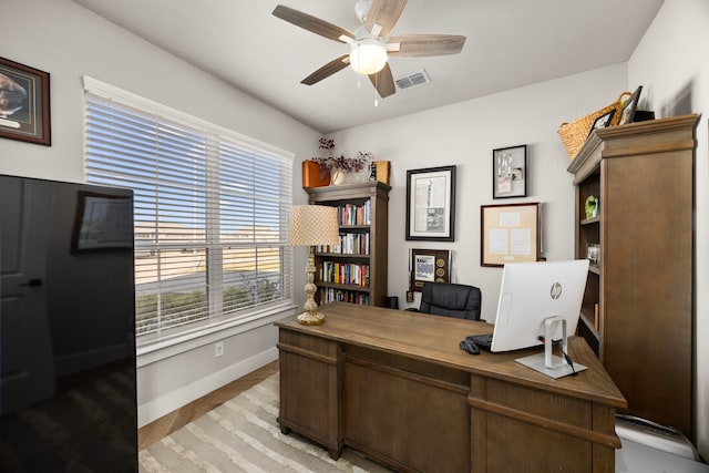 915 Bernard Meadows Dr, East Bernard, TX 77435 - home office featuring a ceiling fan and light wood-style flooring