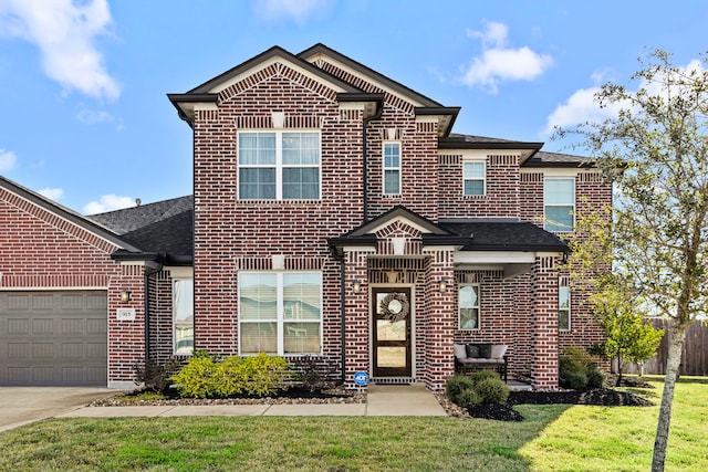 915 Bernard Meadows Dr, East Bernard, TX 77435 - traditional home featuring brick siding, a front lawn, an attached garage, roof with shingles, and concrete driveway