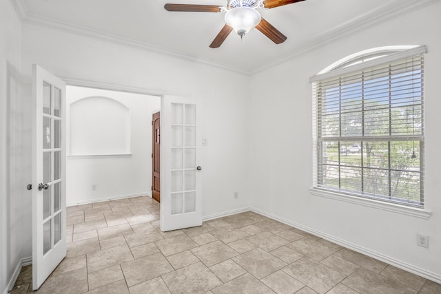 31767 Chapel Rock Ln, Spring, TX 77386 - spare room with french doors, ornamental molding, and ceiling fan