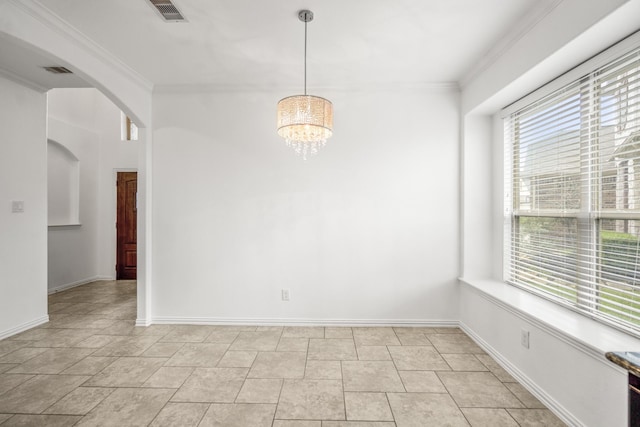 31767 Chapel Rock Ln, Spring, TX 77386 - unfurnished room featuring arched walkways, a chandelier, and crown molding