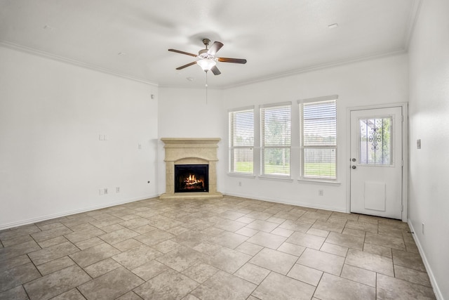 31767 Chapel Rock Ln, Spring, TX 77386 - unfurnished living room with ceiling fan, a fireplace, and crown molding