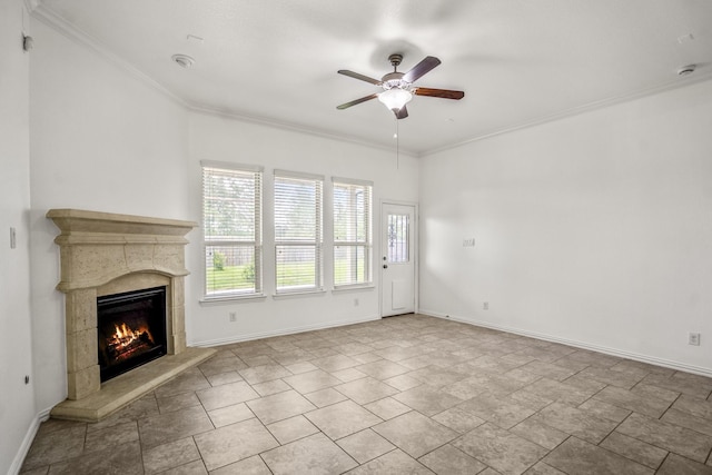 31767 Chapel Rock Ln, Spring, TX 77386 - unfurnished living room with ceiling fan, a tile fireplace, and ornamental molding