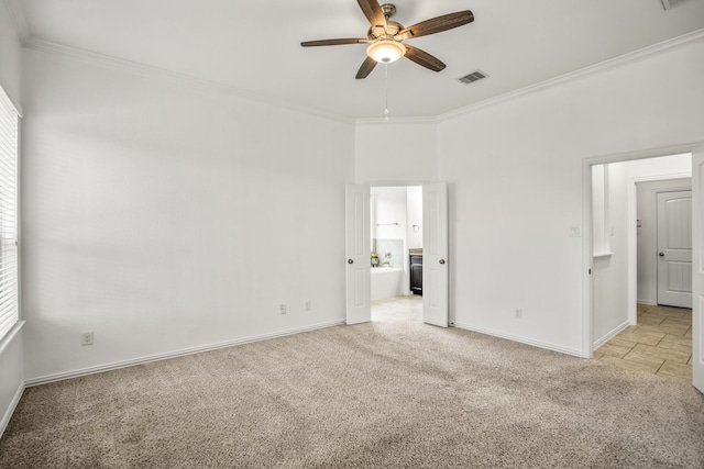 31767 Chapel Rock Ln, Spring, TX 77386 - empty room featuring light carpet, ceiling fan, ornamental molding, and plenty of natural light