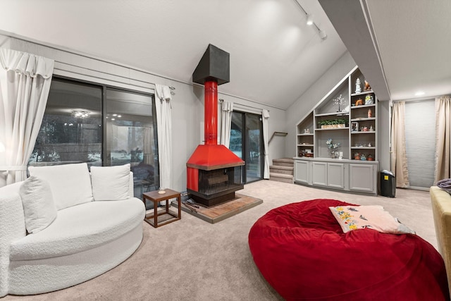 111 Mesa Ct, Conroe, TX 77304 - carpeted living area featuring a wood stove, rail lighting, and lofted ceiling