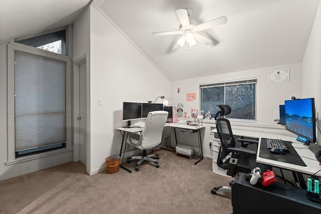 111 Mesa Ct, Conroe, TX 77304 - home office with vaulted ceiling, carpet, and ceiling fan