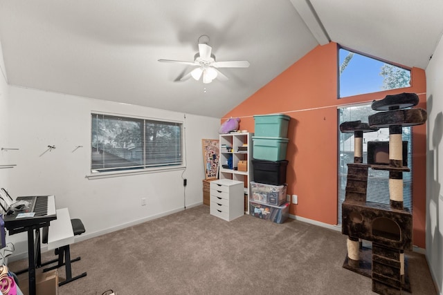 111 Mesa Ct, Conroe, TX 77304 - office featuring a ceiling fan, vaulted ceiling, and carpet flooring