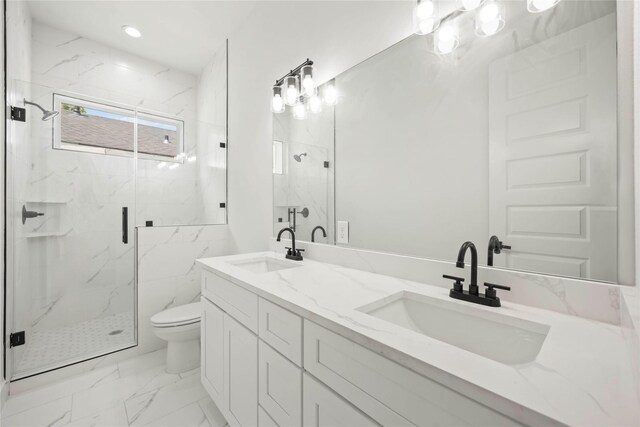 8618 Lee Otis St A-B, Unit A-B Houston, TX 77051 - bathroom featuring marble look tile flooring, a marble finish shower, double vanity, and recessed lighting