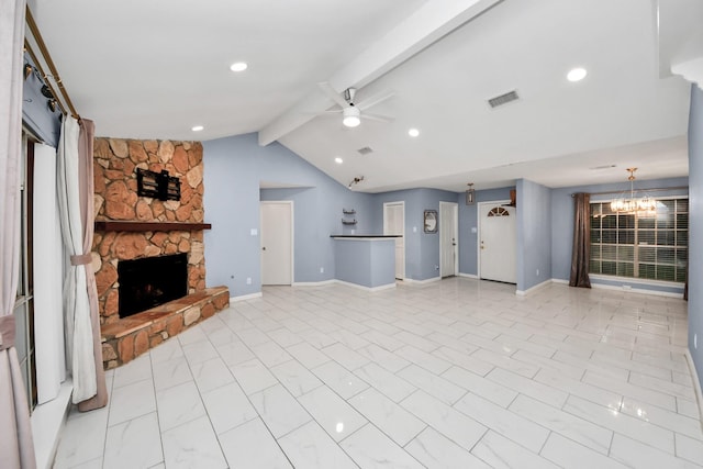 10731 Forest Leaf Dr, Sugar Land, TX 77498 - unfurnished living room featuring a ceiling fan, a stone fireplace, and a chandelier