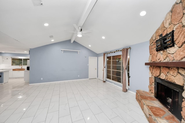 10731 Forest Leaf Dr, Sugar Land, TX 77498 - unfurnished living room featuring a stone fireplace and ceiling fan