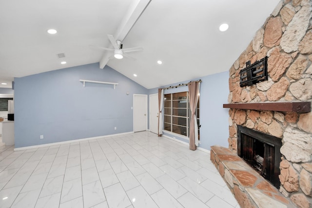 10731 Forest Leaf Dr, Sugar Land, TX 77498 - unfurnished living room featuring a stone fireplace, ceiling fan, and recessed lighting