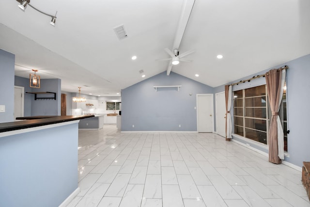 10731 Forest Leaf Dr, Sugar Land, TX 77498 - unfurnished living room featuring ceiling fan, a chandelier, and recessed lighting
