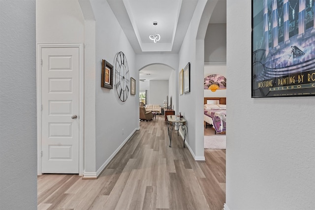 1203 Casal Springs Ct, Crosby, TX 77532 - corridor with arched walkways, wood finished floors, and a raised ceiling