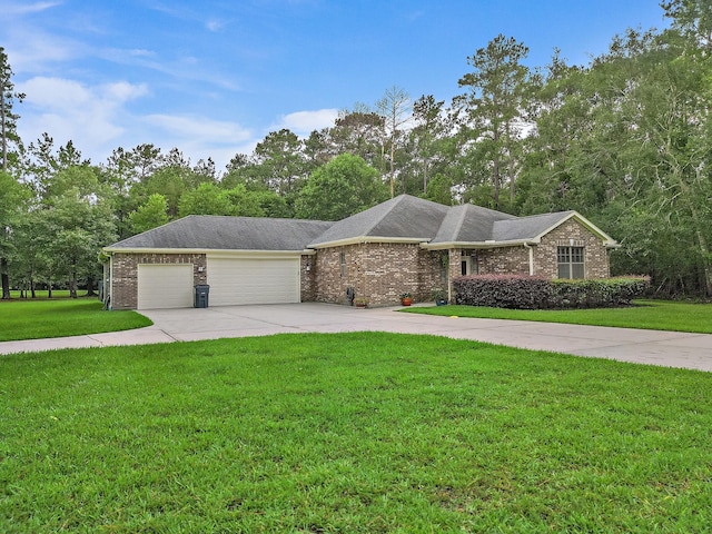 27535 Golf View Ln, Huffman, TX 77336 - view of front of home with an attached garage, a front lawn, concrete driveway, brick siding, and view of wooded area