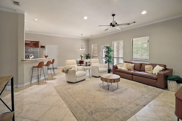 27535 Golf View Ln, Huffman, TX 77336 - living area featuring light tile patterned flooring, a ceiling fan, crown molding, and recessed lighting