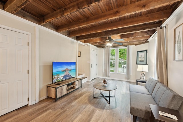 1913 Ursuline St, Galveston, TX 77550 - living area with a wood ceiling with exposed beams, a ceiling fan, and wood finished floors