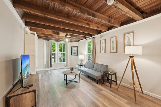 1913 Ursuline St, Galveston, TX 77550 - living room featuring a wooden ceiling with exposed beams, wood finished floors, and ceiling fan