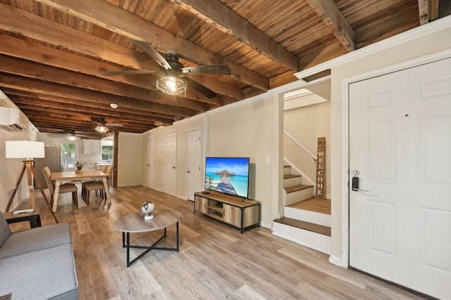 1913 Ursuline St, Galveston, TX 77550 - living room featuring a ceiling fan, stairs, wood finished floors, a wood ceiling with exposed beams, and a wall mounted air conditioner