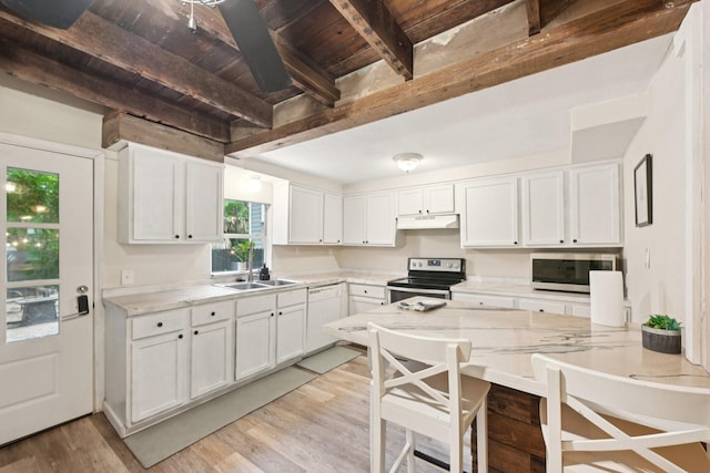 1913 Ursuline St, Galveston, TX 77550 - kitchen with stainless steel appliances, a wooden ceiling with exposed beams, under cabinet range hood, white cabinets, and light wood-style flooring