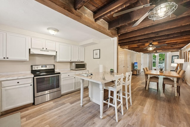 1913 Ursuline St, Galveston, TX 77550 - kitchen featuring stainless steel appliances, under cabinet range hood, ceiling fan, light wood-type flooring, and white cabinetry
