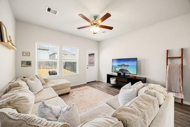 23242 Spring Genesis Ln, Katy, TX 77493 - living area featuring dark wood finished floors and a ceiling fan