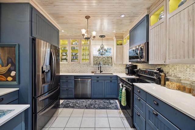 12148 Stone W Dr, Houston, TX 77035 - kitchen featuring stainless steel appliances, a chandelier, light tile patterned floors, tasteful backsplash, and wood ceiling