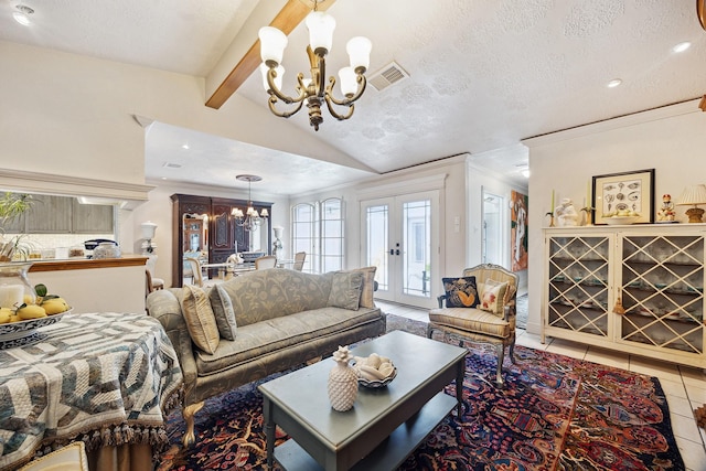 12148 Stone W Dr, Houston, TX 77035 - living area featuring a chandelier, tile patterned flooring, recessed lighting, crown molding, and a textured ceiling
