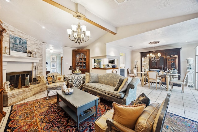 12148 Stone W Dr, Houston, TX 77035 - tiled living room featuring a chandelier, a fireplace, a textured ceiling, and crown molding
