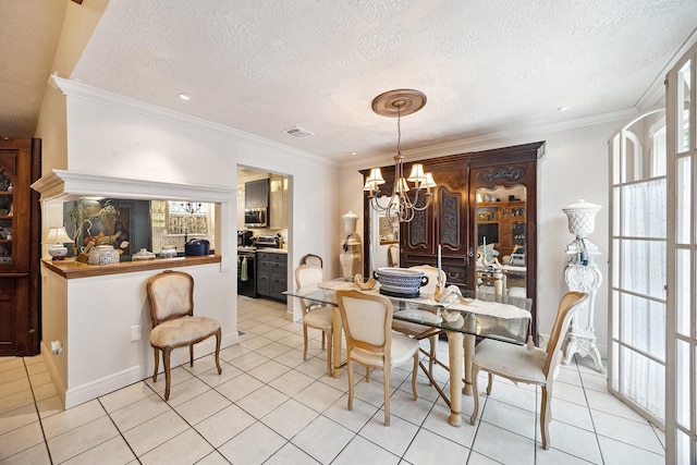 12148 Stone W Dr, Houston, TX 77035 - dining room with a chandelier, healthy amount of natural light, light tile patterned floors, a textured ceiling, and ornamental molding