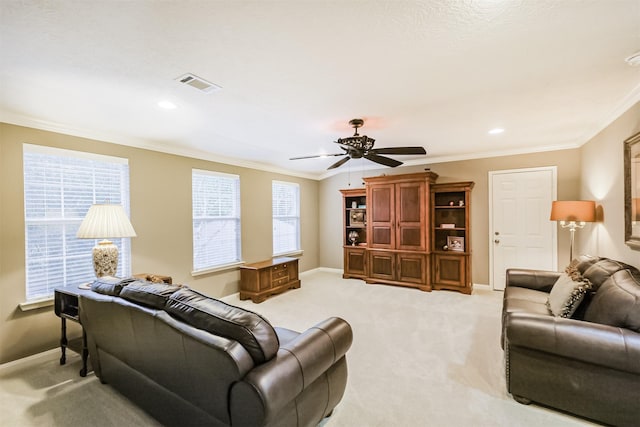 13330 Via Torre De Pisa Ln, Cypress, TX 77429 - living room with light carpet, ornamental molding, ceiling fan, and recessed lighting