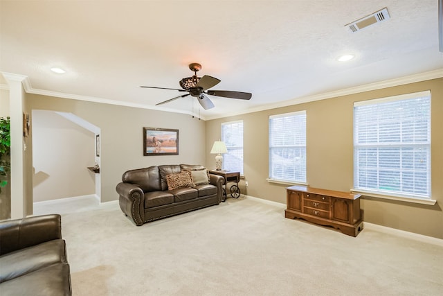 13330 Via Torre De Pisa Ln, Cypress, TX 77429 - living area with ornamental molding, a ceiling fan, carpet, and recessed lighting