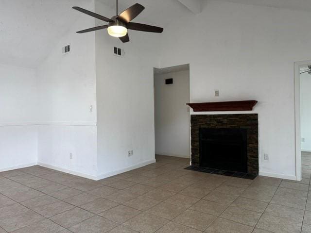 16310 Meadowbrook Farm Rd, Houston, TX 77082 - unfurnished living room featuring a ceiling fan, high vaulted ceiling, light tile patterned floors, beam ceiling, and a fireplace with flush hearth