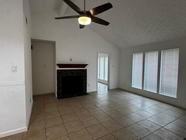 16310 Meadowbrook Farm Rd, Houston, TX 77082 - unfurnished living room with a ceiling fan, tile patterned floors, a brick fireplace, high vaulted ceiling, and a textured ceiling
