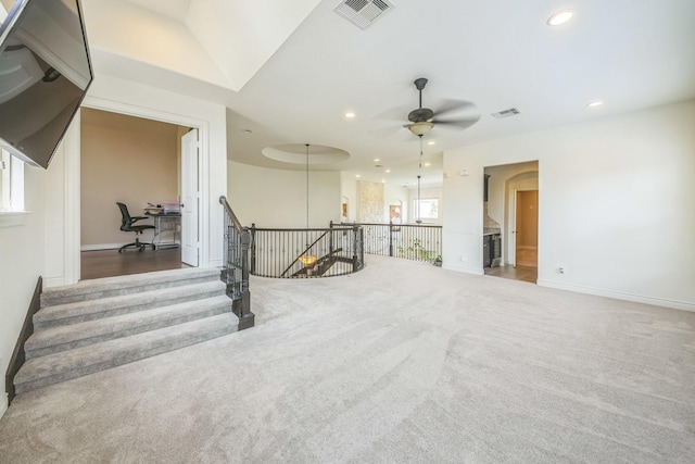 47 Chestnut Meadow Dr, Conroe, TX 77384 - unfurnished living room featuring carpet flooring, recessed lighting, a ceiling fan, and an office area