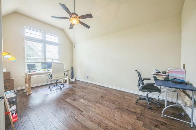 47 Chestnut Meadow Dr, Conroe, TX 77384 - home office featuring vaulted ceiling, ceiling fan, and wood finished floors