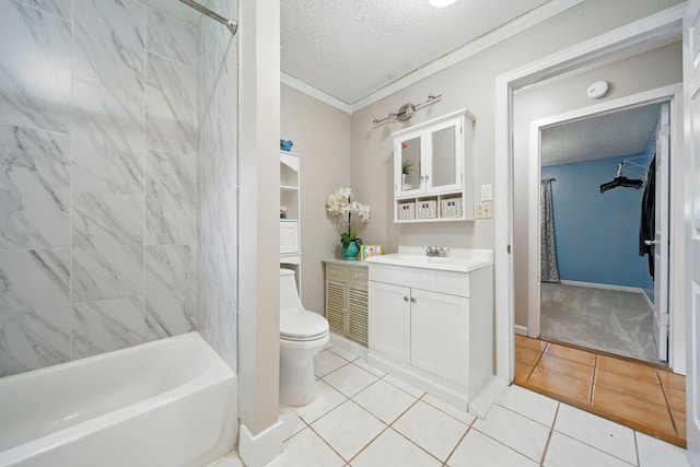 17715 Butera Rd, Magnolia, TX 77355 - bathroom featuring vanity, a textured ceiling, ornamental molding, tile patterned floors, and tub / shower combination