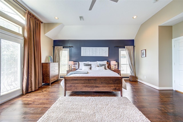 1415 Baldwin Square Ln, Houston, TX 77077 - bedroom with multiple windows, lofted ceiling, dark wood-style floors, ceiling fan, and recessed lighting