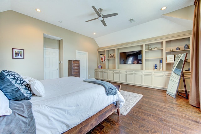 1415 Baldwin Square Ln, Houston, TX 77077 - bedroom with vaulted ceiling, dark wood-style flooring, recessed lighting, and a ceiling fan