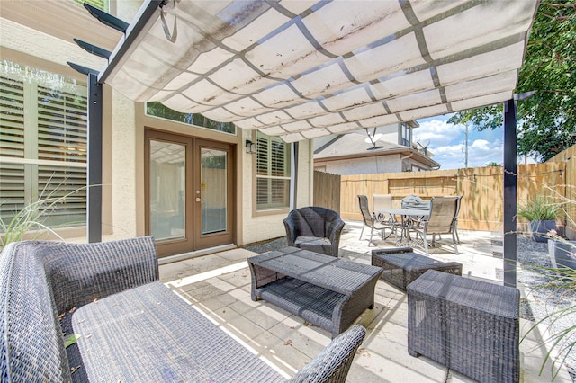 1415 Baldwin Square Ln, Houston, TX 77077 - view of patio / terrace featuring french doors, a pergola, outdoor dining area, and outdoor lounge area