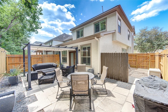 1415 Baldwin Square Ln, Houston, TX 77077 - fenced backyard featuring a patio, an outdoor living space, a gate, and a pergola