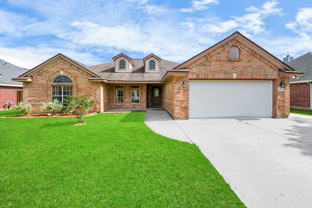 204 Audubon Woods Ct, Richwood, TX 77531 - view of front of home featuring brick siding, concrete driveway, a front lawn, an attached garage, and a shingled roof