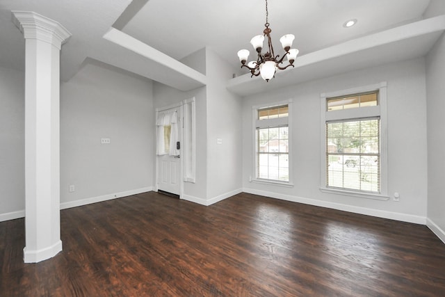204 Audubon Woods Ct, Richwood, TX 77531 - unfurnished room with a chandelier, wood finished floors, decorative columns, and recessed lighting