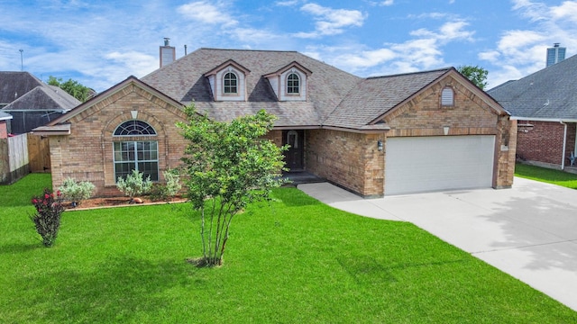 204 Audubon Woods Ct, Richwood, TX 77531 - view of front of property featuring brick siding, a garage, a front lawn, driveway, and a chimney