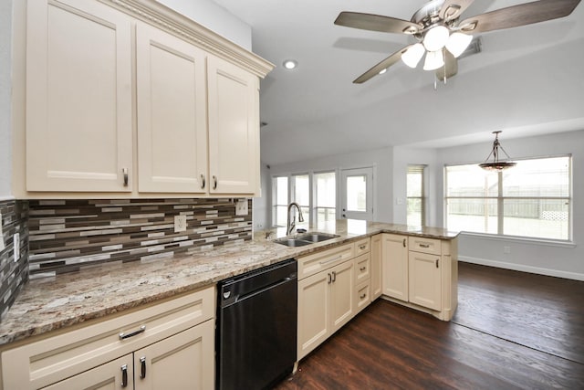 204 Audubon Woods Ct, Richwood, TX 77531 - kitchen with dishwasher, a peninsula, decorative backsplash, recessed lighting, and a ceiling fan