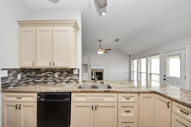 204 Audubon Woods Ct, Richwood, TX 77531 - kitchen with a ceiling fan, dishwasher, vaulted ceiling, decorative backsplash, and light stone counters