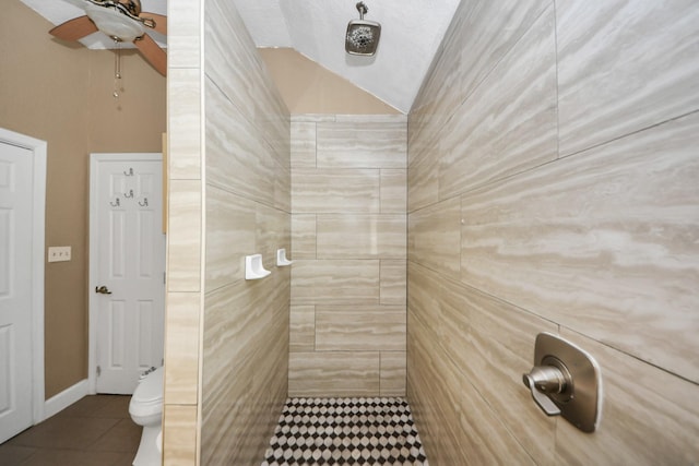 204 Audubon Woods Ct, Richwood, TX 77531 - full bathroom with tile patterned flooring, tiled shower, ceiling fan, and lofted ceiling